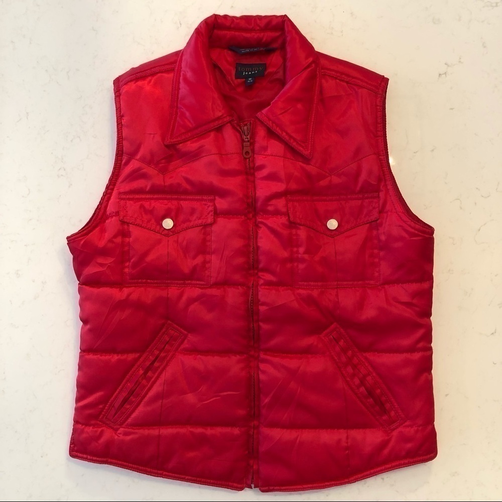 VINTAGE Y2K Tommy Hilfiger Bright Shiny Cherry Red Puffer Zip Pocket Fall Vest